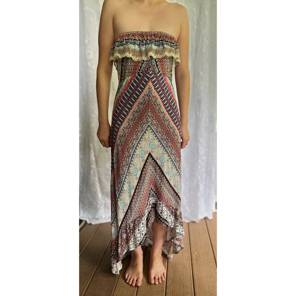American Rag Strapless High-Low Boho Print Maxi Dress w/ Lace Trim